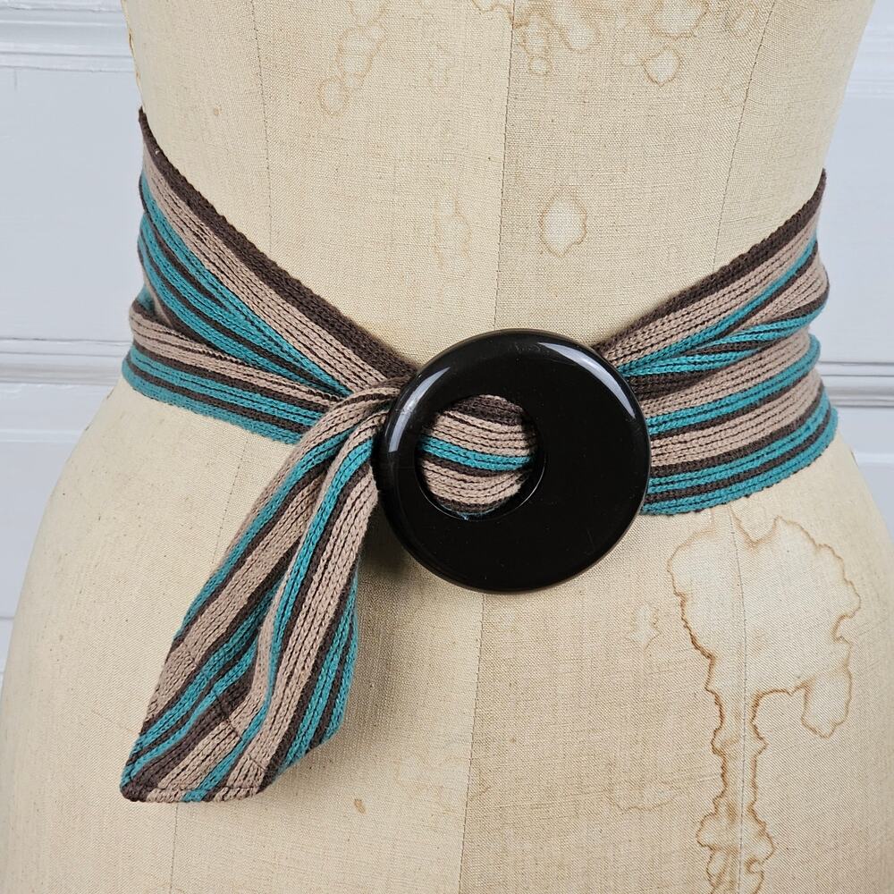 Vintage self tie boho ethnic brown aqua beige woven belt 4 x 37